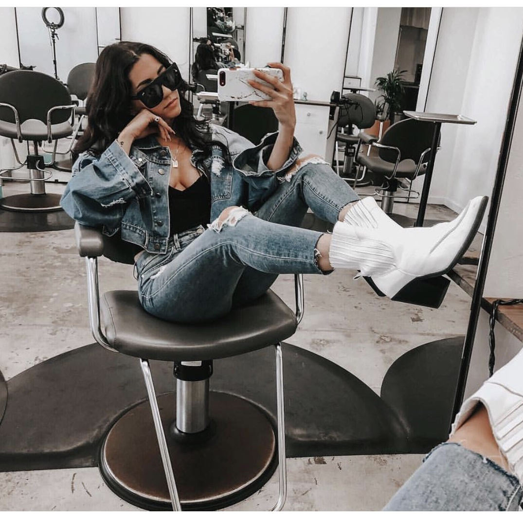 back in my second 🏡 #fashionlush #denimondenim #canadiantuxedo #whiteboots #cowboyboot #shopthelook #SpringStyle #ShopStyle #SummerStyle #MyShopStyle