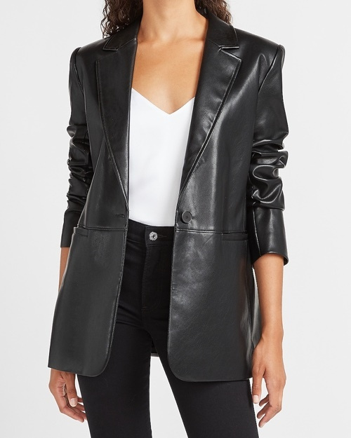 Look by DomesticEducator featuring Vegan Leather One Button Long Sleeve Blazer