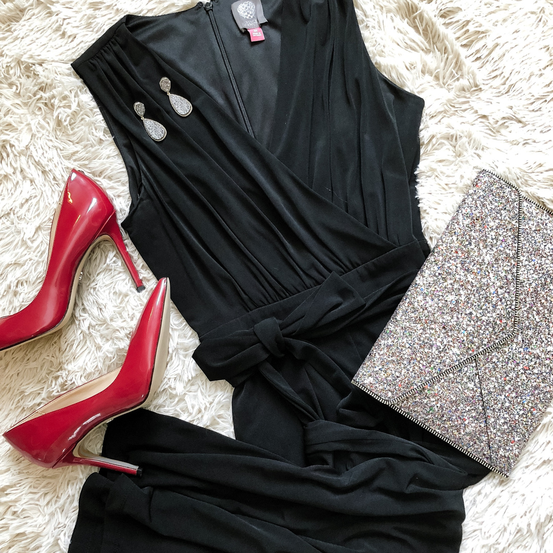 vince camuto faux wrap jersey jumpsuit