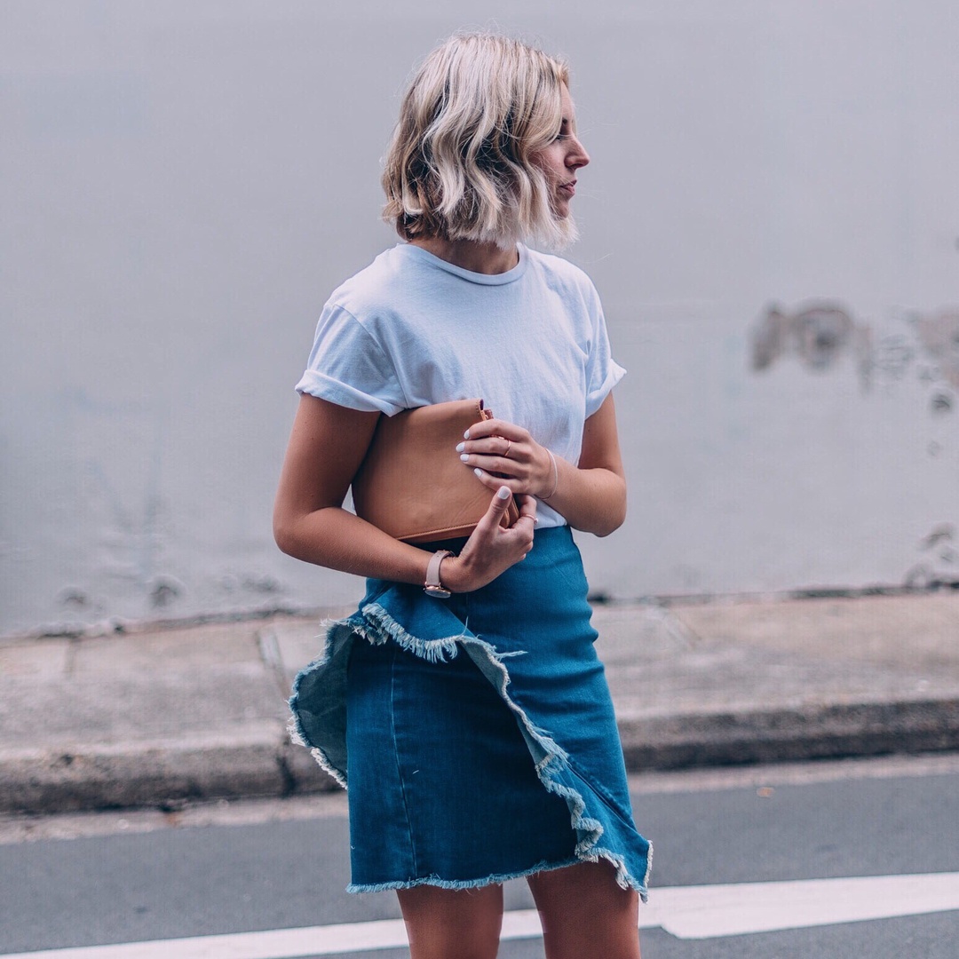 Look by Lian Galliard featuring ASOS Denim Mini Skirt with Raw Edge Ruffle in London Blue