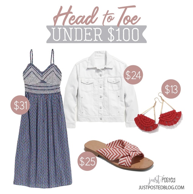 ite jean jacket, these red drop earrings and the cutes 2 strap sandals to complete the look! Perfect for the 4th of July too!