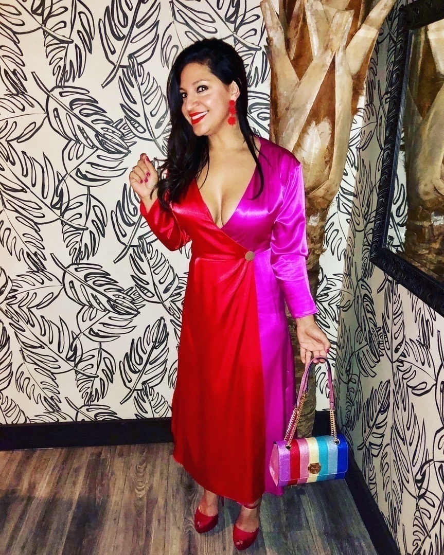The wrap dress is arguably the most flattering dress of all time for every single body type! Cinching at the smallest part of the waist, enhancing your bust, and skimming over your hips, the wrap dress is beautiful at any age during any season. Added bonus? This vibrant color-blocked silky number is as comfortable as it is beautiful and honestly feels like it cost four times what I paid! #ShopStyle #MyShopStyle #ContributingEditor #springdress #valentinesdaydress #transitionalpieces #rainbowbag #colorblock