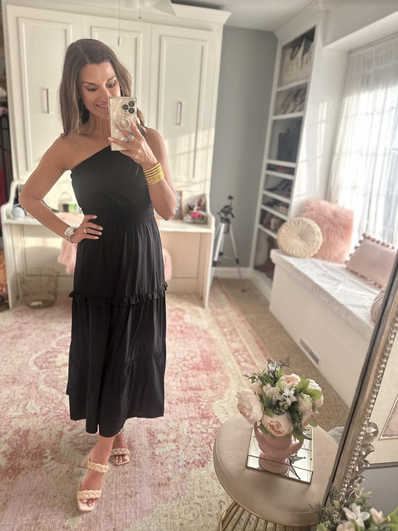 Look by Just Posted featuring KIRUNDO Womens One Shoulder Maxi Sleeveless Knot Smocked Ruffle Tiered Split Flowy Long Dress