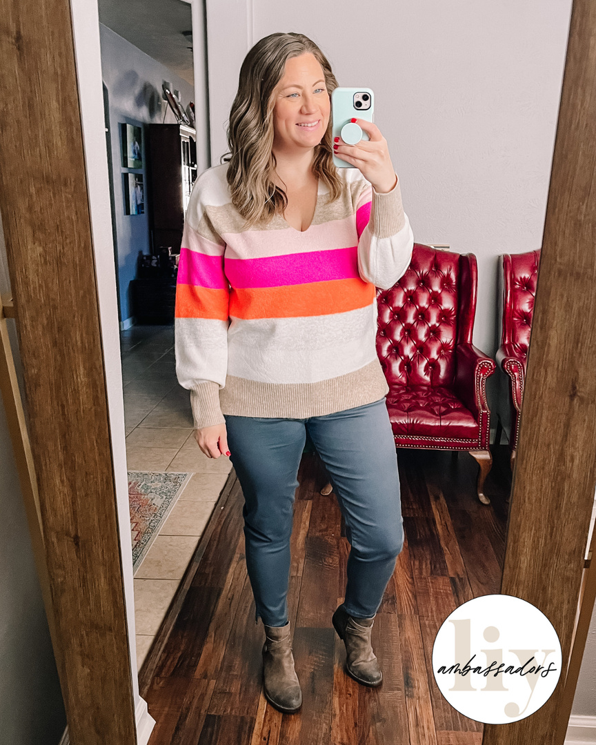 Look by Living in Yellow featuring Loft Striped Relaxed V-Neck Sweater