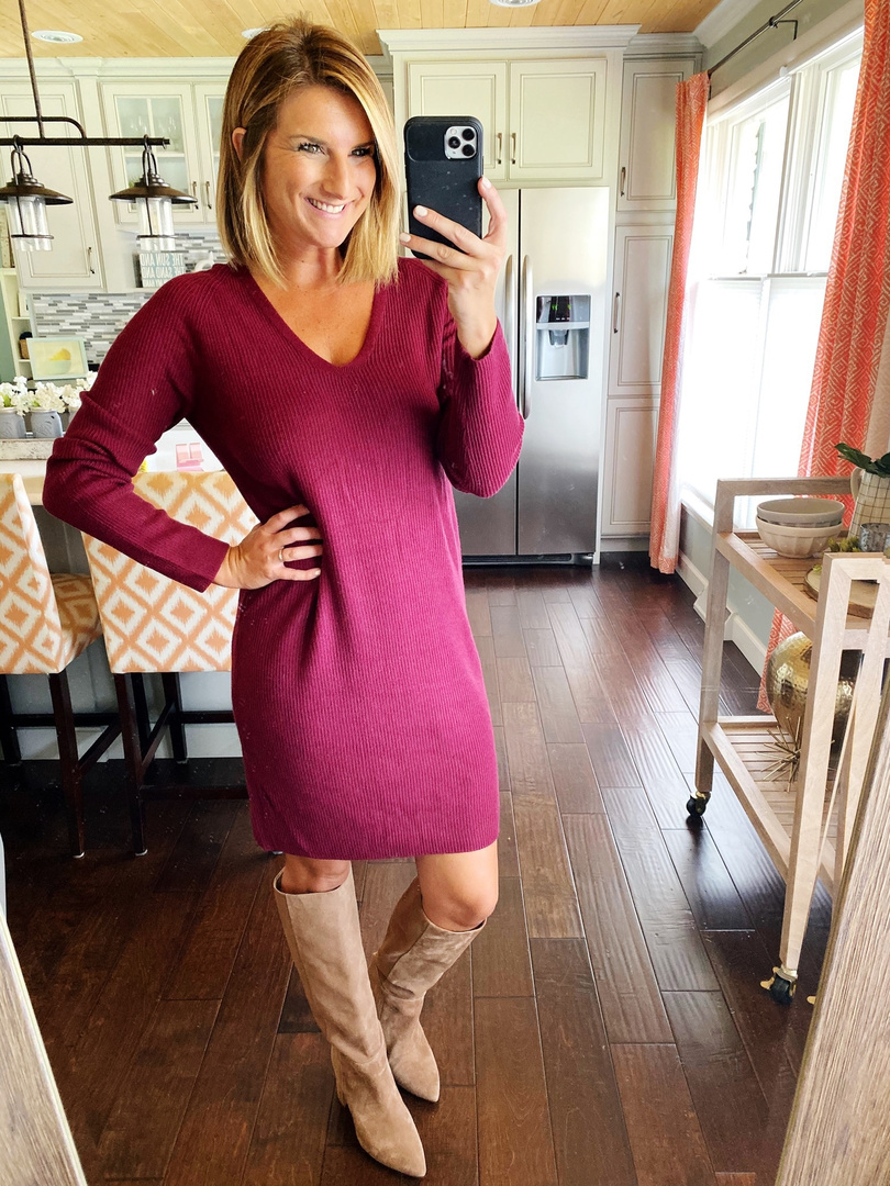 long sleeve v neck sweater dress