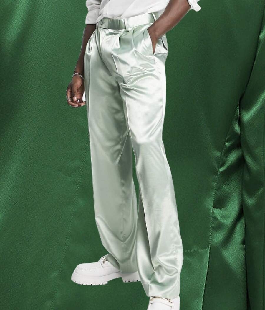 ASOS+ ASOS DESIGN wide leg suit pants in sage green textured satin