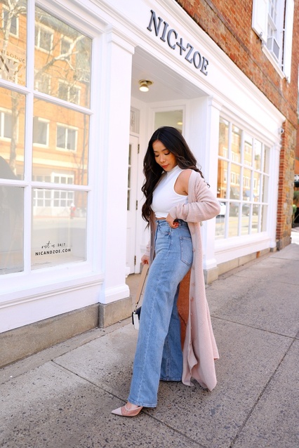 gs jeans with long cardigan and beige pumps #ShopStyle #MyShopStyle #LooksChallenge #ContributingEditor #TrendToWatch #Petite