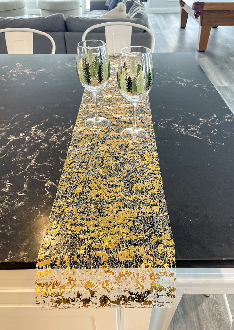 Look by Living in Yellow featuring Tatuo Metallic Gold Table Runner Roll 10 Inch x 49 Feet Rectangle Gold Table Runner Gold Foil Mesh Sequin Table Runner Centerpiece Glitter Table Runner Wedding Birthday Home Table Party Decoration