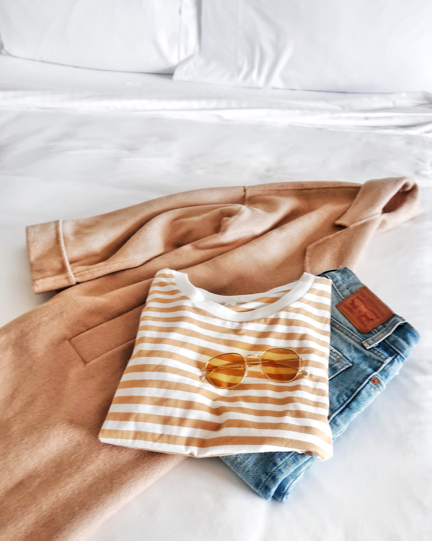 Casual outfit idea: ASOS Camel Coat, COS Stripe Tee, Levi’s Wedgie Cut Jeans, Illesteva Sunglasses #casualoutfit #sanfranciscosummer