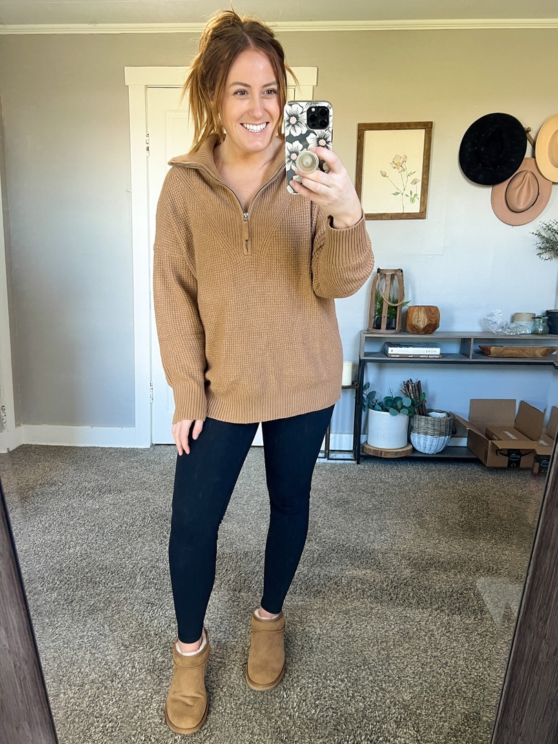 Look by Living in Yellow featuring Aerie CozyUp Waffle Quarter Zip Sweater