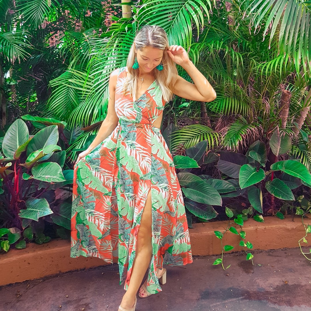 tropical print crossover split maxi dress