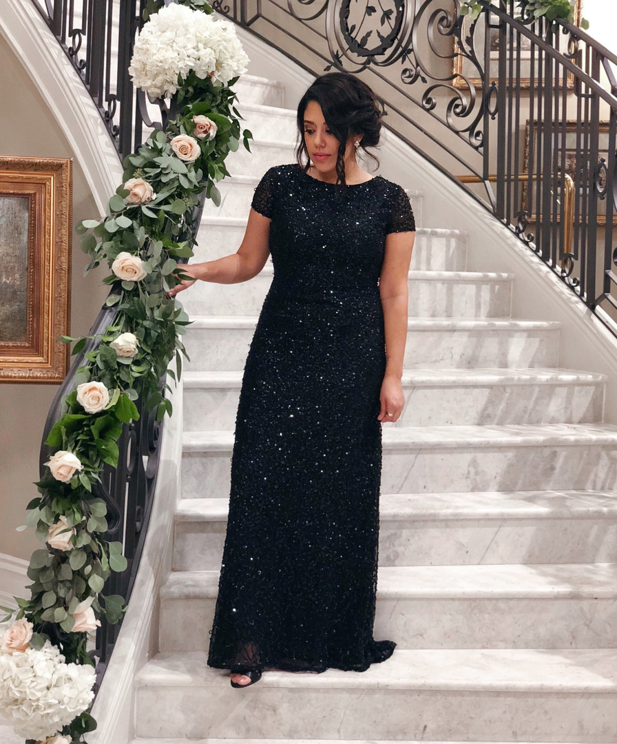 adrianna papell short sleeve sequin mesh gown