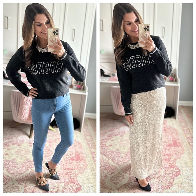 e 10% off my sweater. Use code CANDACE10 to save 10% off my skirt. Everything is true to size. Wearing a small in each piece.