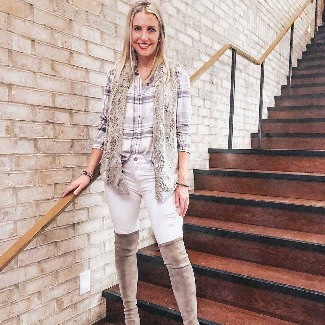 Look by Marla Gustafson featuring Goodnight Macaroon 'Carina' Taupe Over The Knee Suede Leather Boots