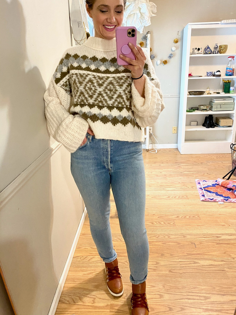 Petite Tunic Sweater + Cole Haan Winter Hiker Boots