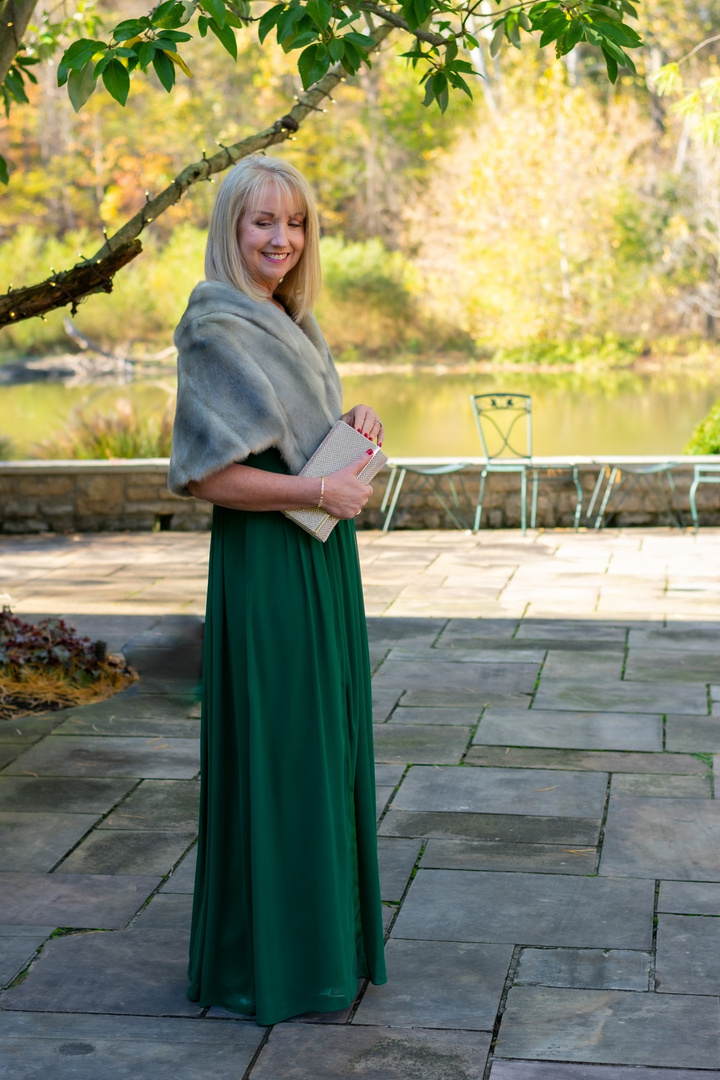 surplice ruched chiffon gown