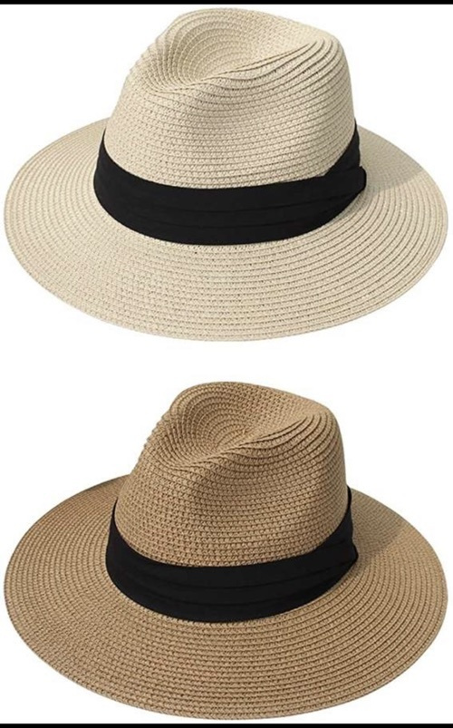 Look by Jennifer sattler featuring DRESHOW Women Straw Panama Hat Fedora Beach Sun Hat Wide Brim Straw Roll up Hat UPF 30+