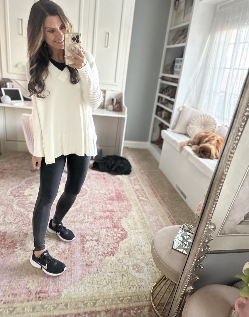 Look by Just Posted featuring DEEP SELF Women's V Neck Oversized Sweaters Long Batwing Sleeve Split Hem Pullover Asymmetric Loose Casual Knit Tops