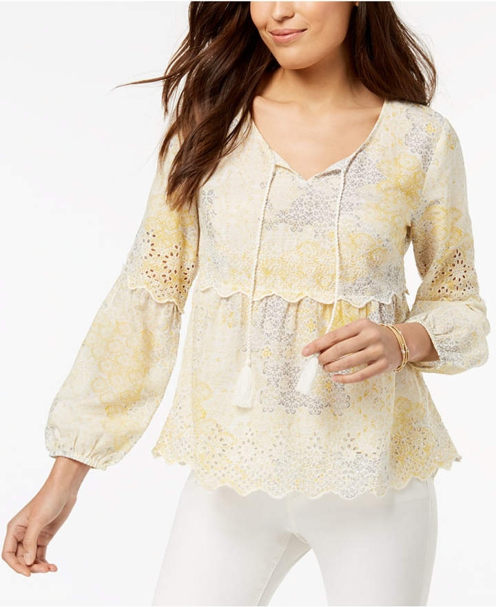 Look by BlueBellaDonna featuring Style & Co Petite Printed Eyelet-Trim Peasant Top, Created for Macy's