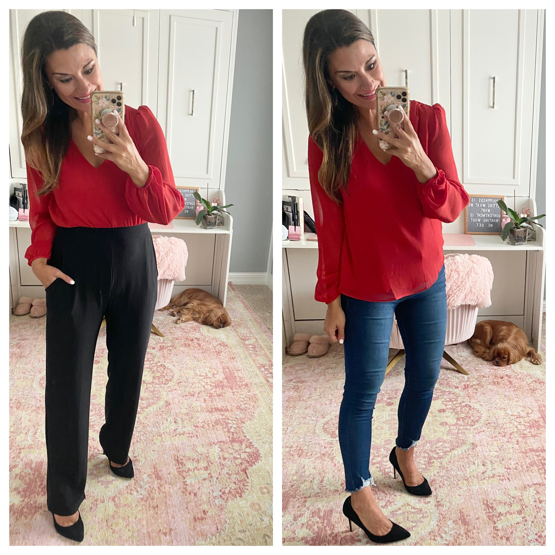 Look by Just Posted featuring Gathered Shoulder Blouson Sleeve V-Neck Blouse