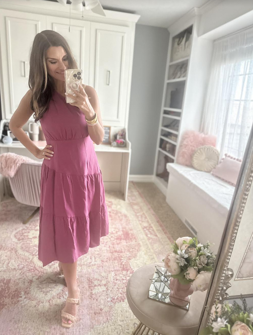 Look by Just Posted featuring KIRUNDO Women's 2023 Summer Dresses One Shoulder Midi Dress Sleeveless Solid Color Ruffle Flowy Swing Tiered Casual Dress