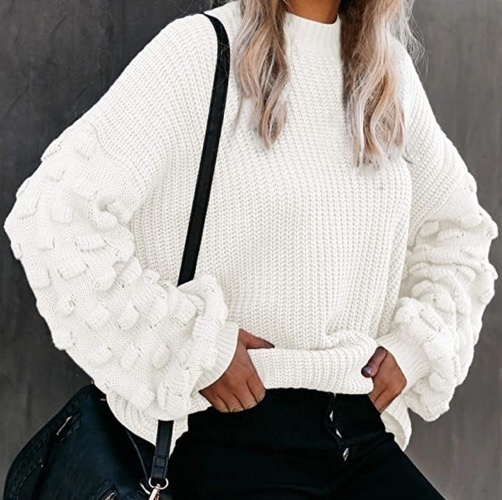 Sovoyontee Women's Cute Oversized Crewneck Loose Puff Sleeves Chunky Knit Pullover Sweater