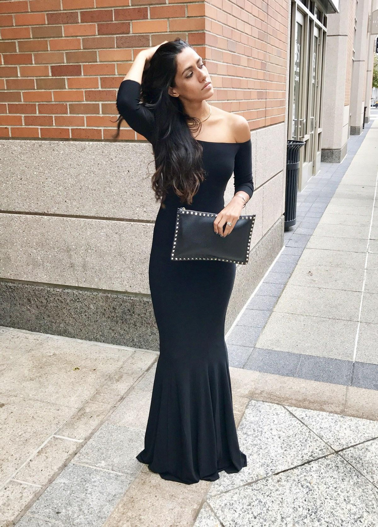 I wore this off the shoulder fishtail gown to a black tie wedding and honestly, the compliments were endless. #blackdress #wedding #gown #blacktie #fashion #weddingfashion #normakamali #valentino #WeddingGuestLooks #OOTD