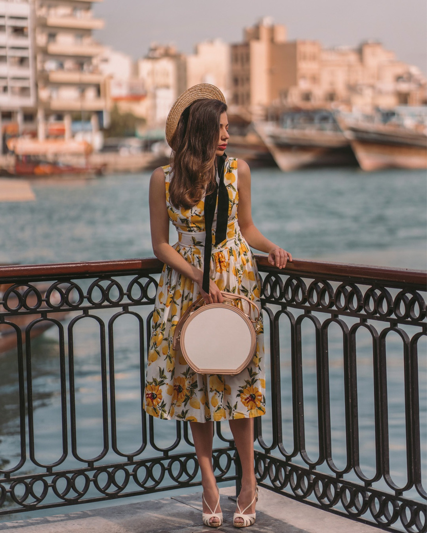 A day at the Dubai Creek. Wearing a beautiful custom made lemon dress by Hearts and Found and my hat box from SteamLine Luggage. #steamlineluggage #christianlouboutin #ShopStyle #MyShopStyle #LooksChallenge #ContributingEditor #Holiday #Lifestyle #TrendToWatch #Travel #Vacation