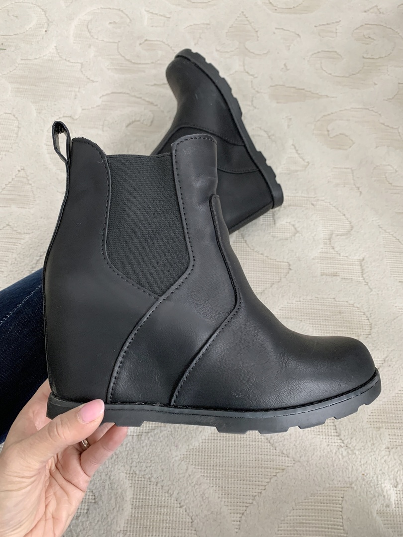 Look by Just Posted featuring Women's Cassie Faux Leather Wedge Booties - Universal ThreadTM