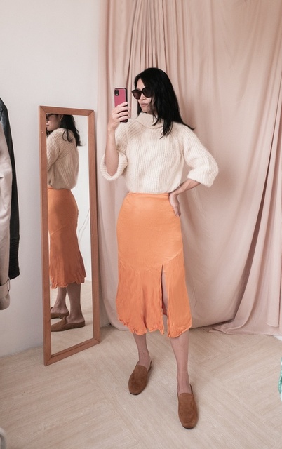 Sweater styled with an orange silk skirt for fall #ShopStyle #MyShopStyle #falldressing #silkskirt #orangesilkskirt