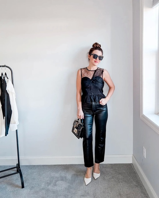 Breakfast at Tiffany Vibes in this Black lace peplum top from Express, coated jeans, and kitten heels.