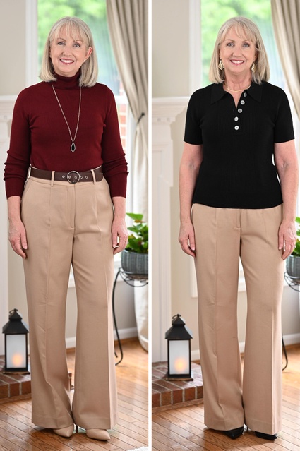fer wide leg trousers without pleats in the front.  #ShopStyle #MyShopStyle #LooksChallenge #ContributingEditor #TrendToWatch