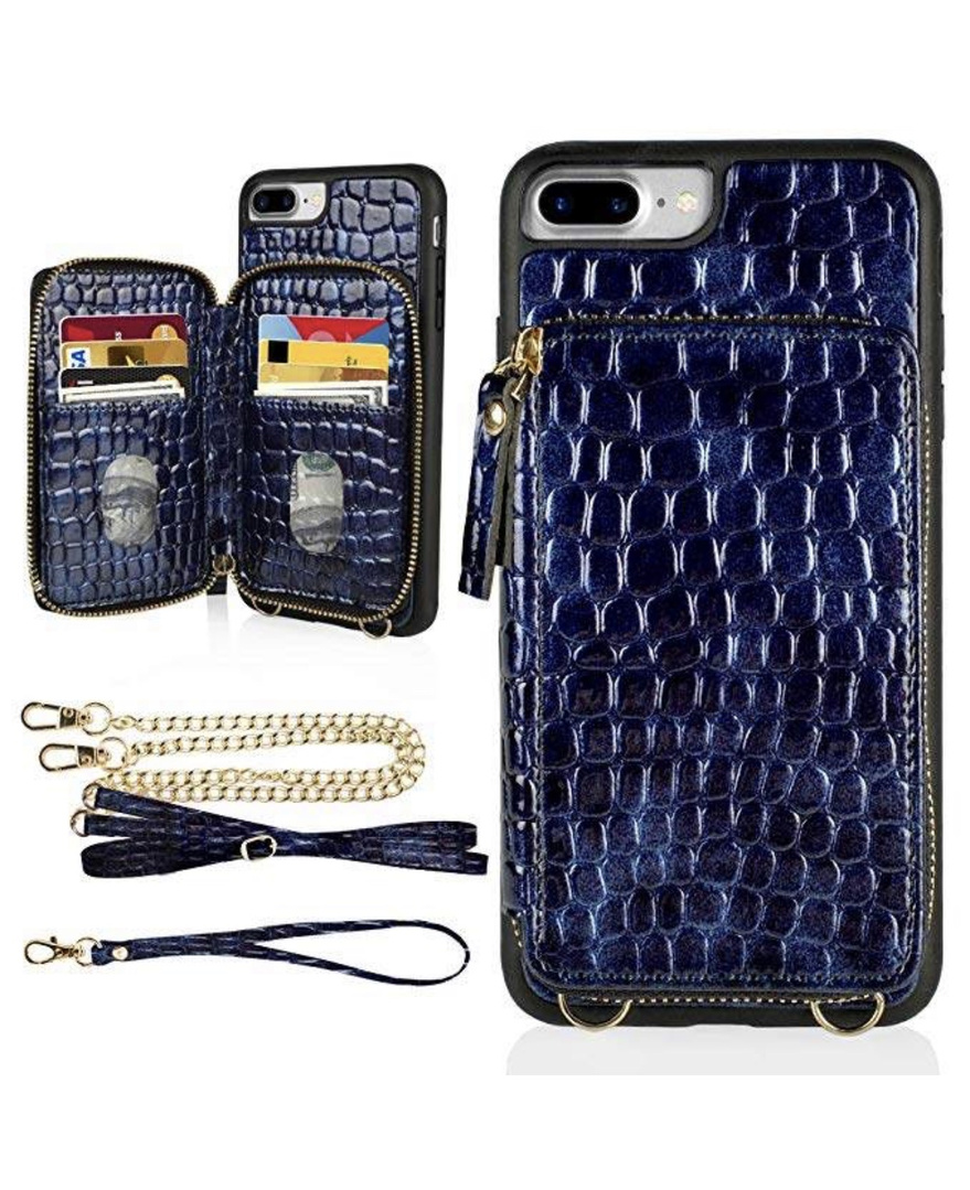 Look by Jennifer sattler featuring LAMEEKU iPhone 8 Plus Wallet Case, iPhone 7 Plus Crocodile Skin Pattern Zipper Card Slot Case with Strap Crossbody Chain, Protective Phone Cover for iPhone 8 Plus/7 Plus 5.5"-Blue