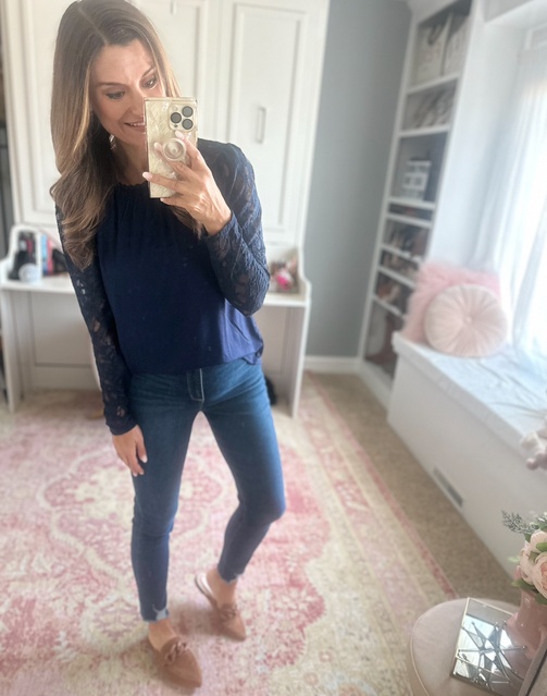 Pretty lace top for fall - Use code CANDACE10 to save 10% off my top. Everything is true to size. Wearing a small in the top.