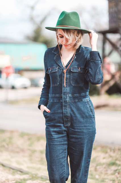 madewell denim puff sleeve jumpsuit