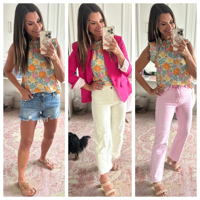 rts. Size down in the jeans and shorts. Wearing a 26. Everything else is true to size. Wearing a small in the top and blazer.