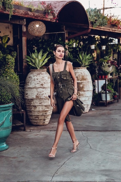 ther sandals while out and about in Los Angeles #outfit #outfitidea #fashion #style #dress #cargodress #nudesandals #neutrals