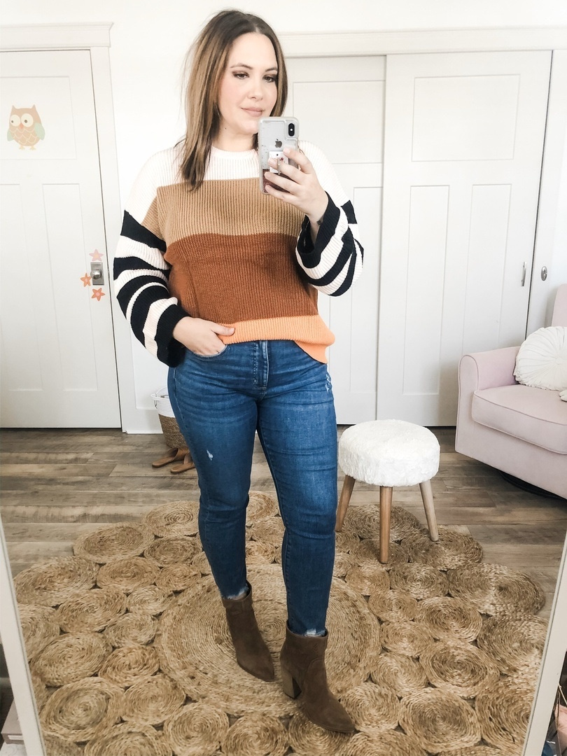 Look by Rebecca Wattenschaidt featuring Lovezesent Womens Color Block High Neck Ribbed Knit Oversized Pullover Sweaters