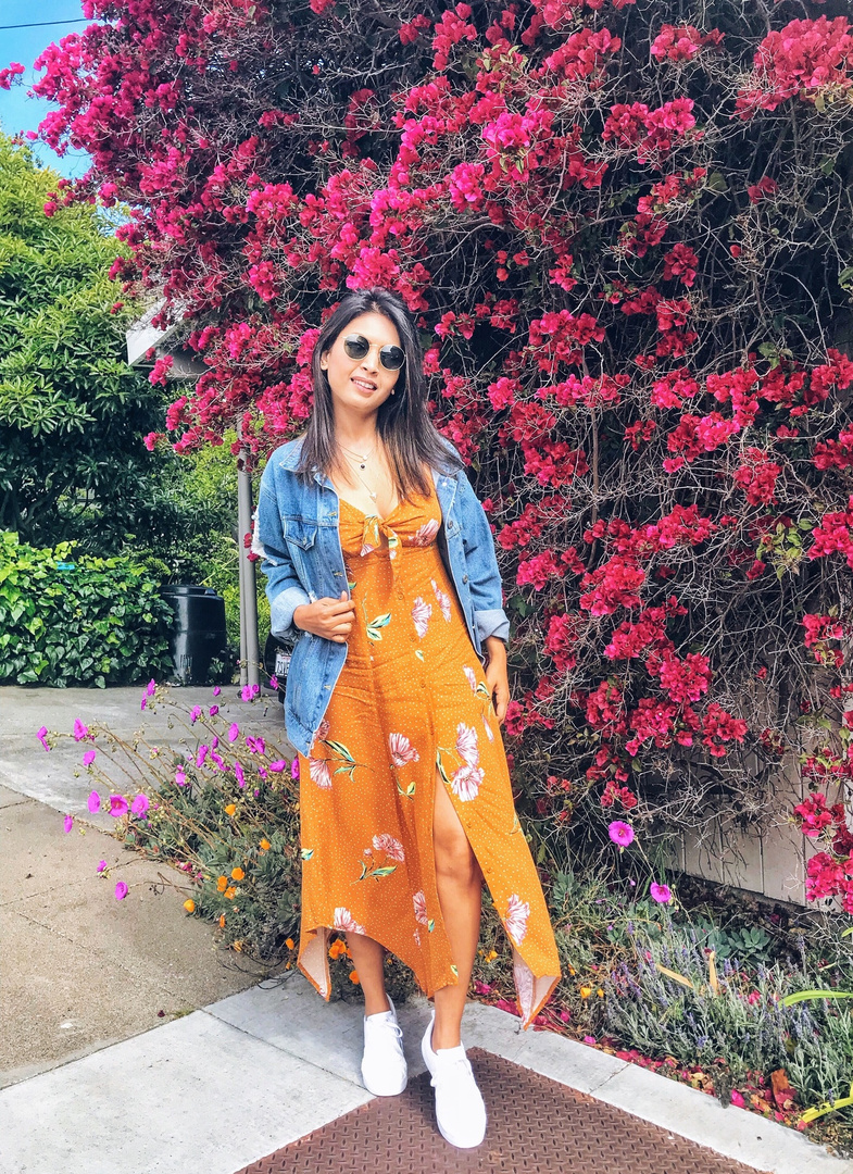 Marigold tie knot front handkerchief hem maxi dress, distressed boyfriend denim jacket, Adidas all white sneakers #shopthelook #SummerStyle #OOTD #WeekendLook