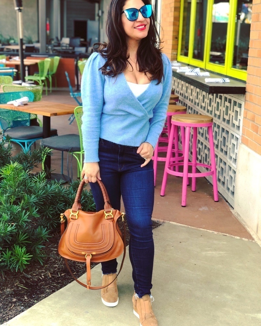 Pastels epitomize feminine fashion. Soft colors in even softer fabrics add color and character while still maintaining subtle beauty to any wardrobe. I love to keep my whole look soft when working with pastels, because it allows the colors to shine without being overpowered. Use contrasting pastels to complement or introduce neutrals or metallics to polish off your look. #contributingeditor #bluesweater #pastels #transitional #ShopStyle #MyShopStyle #ContributingEditor