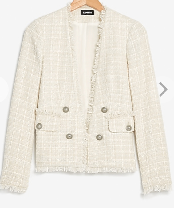 Look by DomesticEducator featuring Double Breasted Collarless Tweed Long Sleeve Blazer