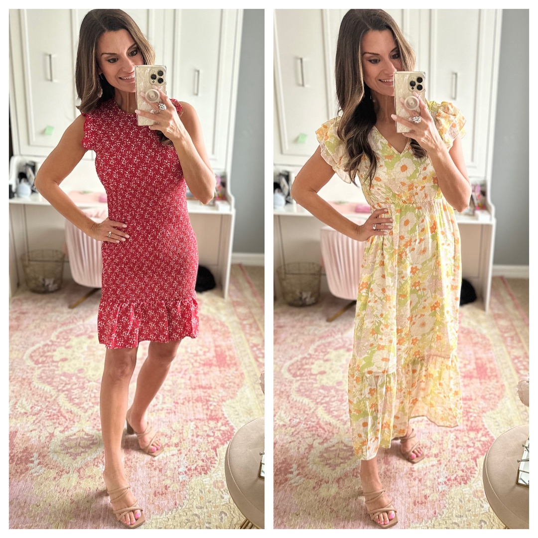 Look by Just Posted featuring BTFBM Casual Women Ruffle Sleeves Summer Beach Dress 2023 Elegant Floral Bodycon Smoked Mini Mermaid Cocktail Short Dresses