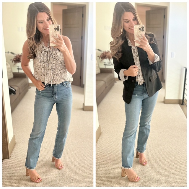ve 10% off my top and blazer. Everything is true to size. Wearing a small in the top and blazer. Wearing a 4/27 in the jeans.