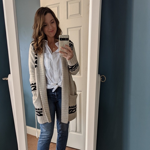 Casual winter look with fair isle wrap cardigan, white button down, jeans and neutral boots.  This cardigan is old but sharing some other favs!