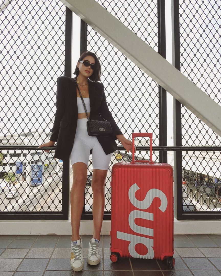 Headed on my next trip #TravelOutfit #WeekendLook #BirthdayParty #SummerStyle #ShopStyle #shopthelook #MyShopStyle #DateNight #OOTD #SpringStyle #airport #travel #bikershorts #croptop #blazer #goldengoosedeluxe