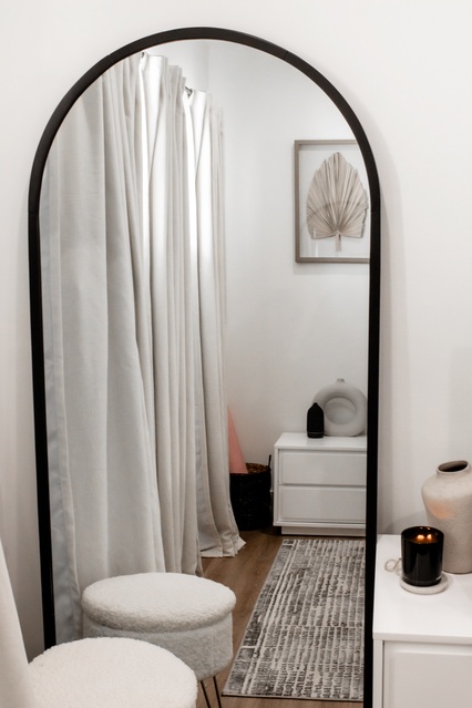 one of my favorite corners of my apartment home decor, bedroom decor, floor length mirror, neutral home decor,