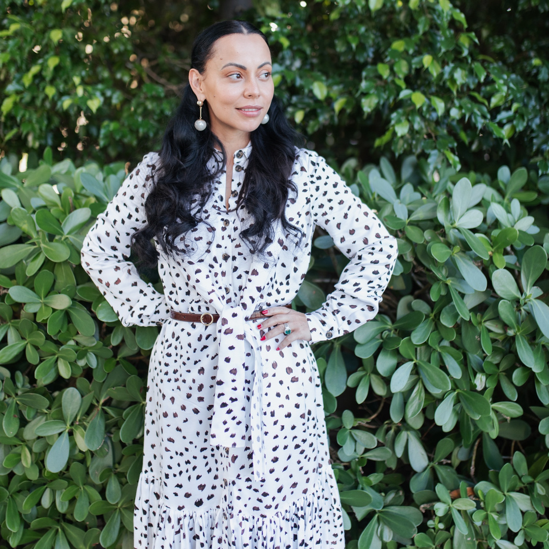 Look by Adrienne Bosh featuring Carolina Herrera Dotted Ruffle-Hem Maxi Shirtdress