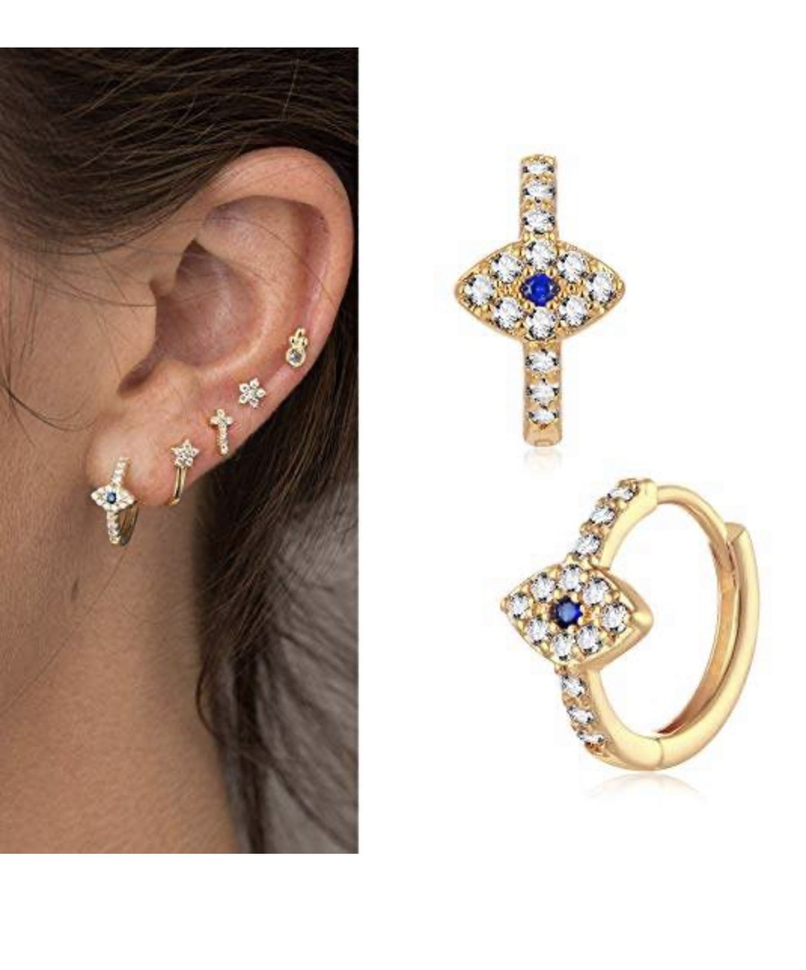 Look by Jennifer sattler featuring MYEARS Women Evil Eye Earrings Gold Stud Hoop Huggie Opal Green Crystal Turquoise CZ Inlay 14K Gold Filled Tiny Boho Beach Simple Delicate Handmade Hypoallergenic Luckily Jewelry Gift