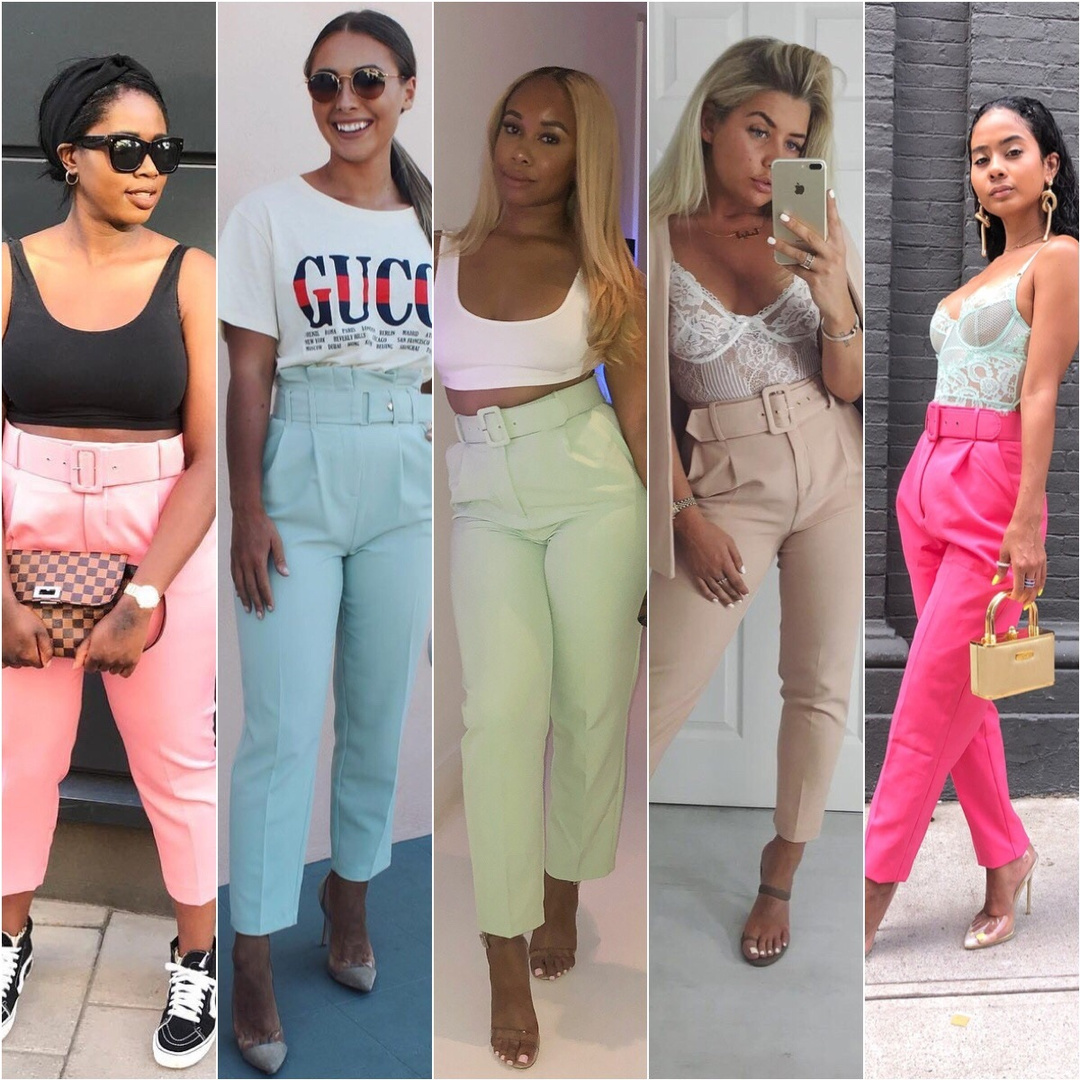 pink high waisted belted trousers