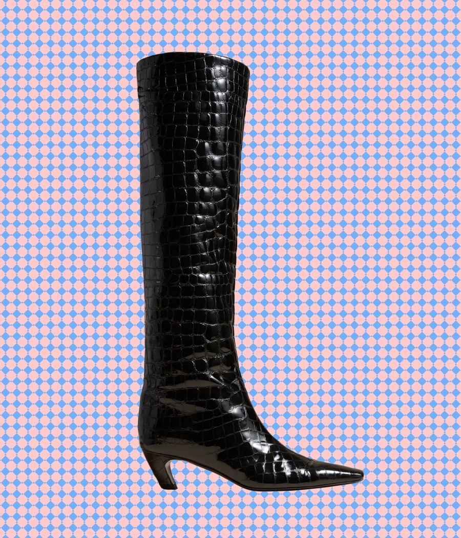 KHAITE + The Davis Knee High Boot in Black Embossed Croc Leather